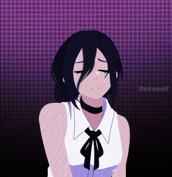 Reze from Chainsaw Man, in a white blouse and black ribbon, glances down on a dotted purple ground.