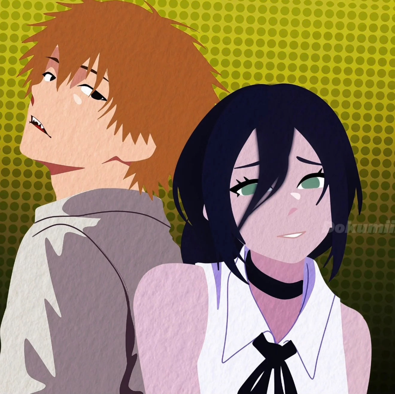 Denji looks up and away while Reze leans on his shoulder with her eyes closed, on a dotted orange ground.