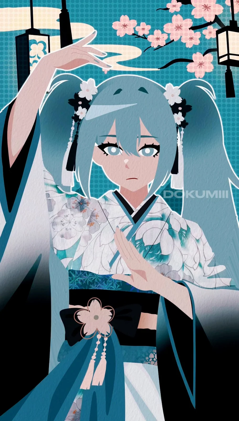 Hatsune Miku in a white and teal kimono raises one hand under cherry blossoms and paper lanterns.